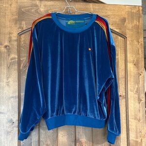 Aviator Nation Blue Velour Sweatshirt with Rainbow Stripes EXCELLENT